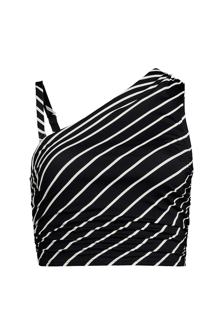 Plus Size Ruched One Shoulder Midkini Top, Alternate, color, Black/Egret Variegated Stripe