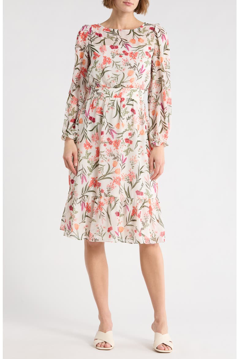 Floral Long Sleeve Midi Dress, Main, color, IVORY MULT