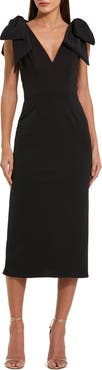 Mac Duggal Petite Statement Bow Shoulder Crepe Midi Dress