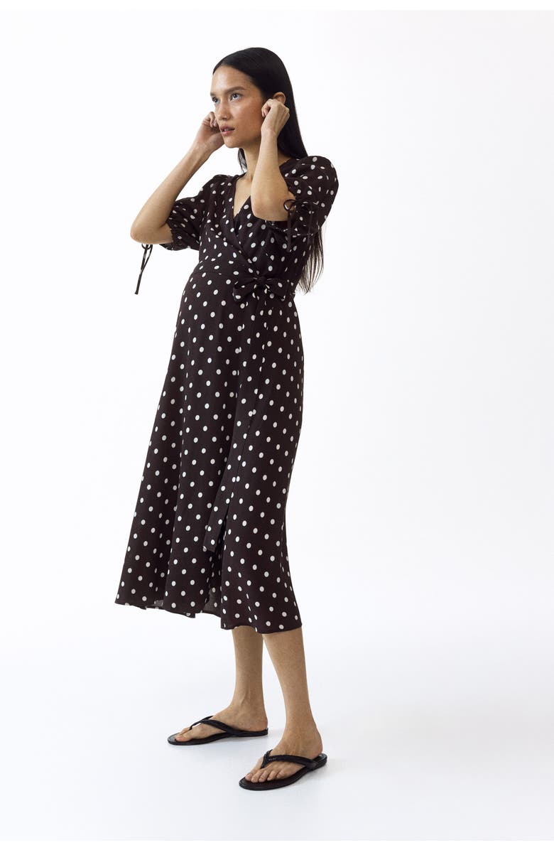 H&M Mama Puff-sleeved Wrap Dress, Alternate, color, Dark Brown/Polka Dot