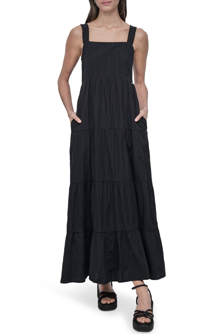 Square Neck Tiered Cotton Maxi Dress, Main, color, BLACK