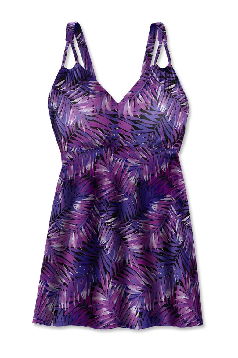 Loop Strap V Neck Tummy Control Two Piece Swim Dress, Alternate, color, PALMTASTIC PURPLE