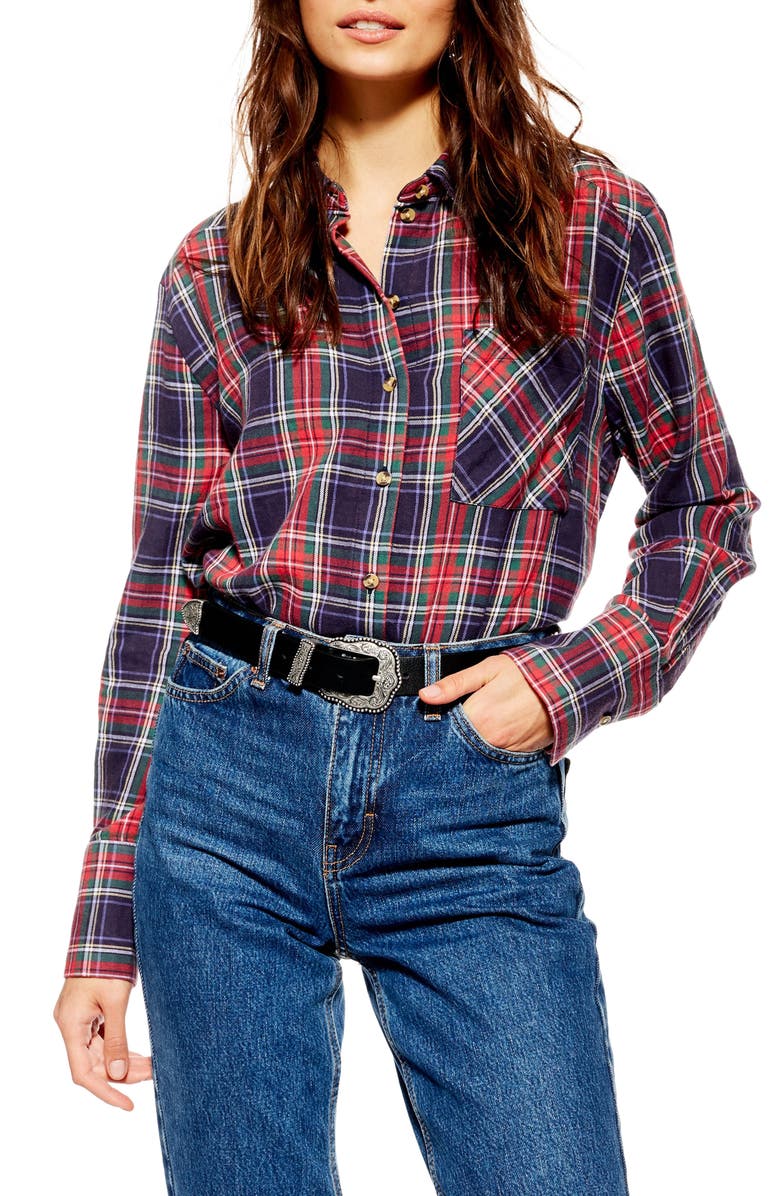 Topshop Pacey Washed Check Plaid Shirt, Main, color, 