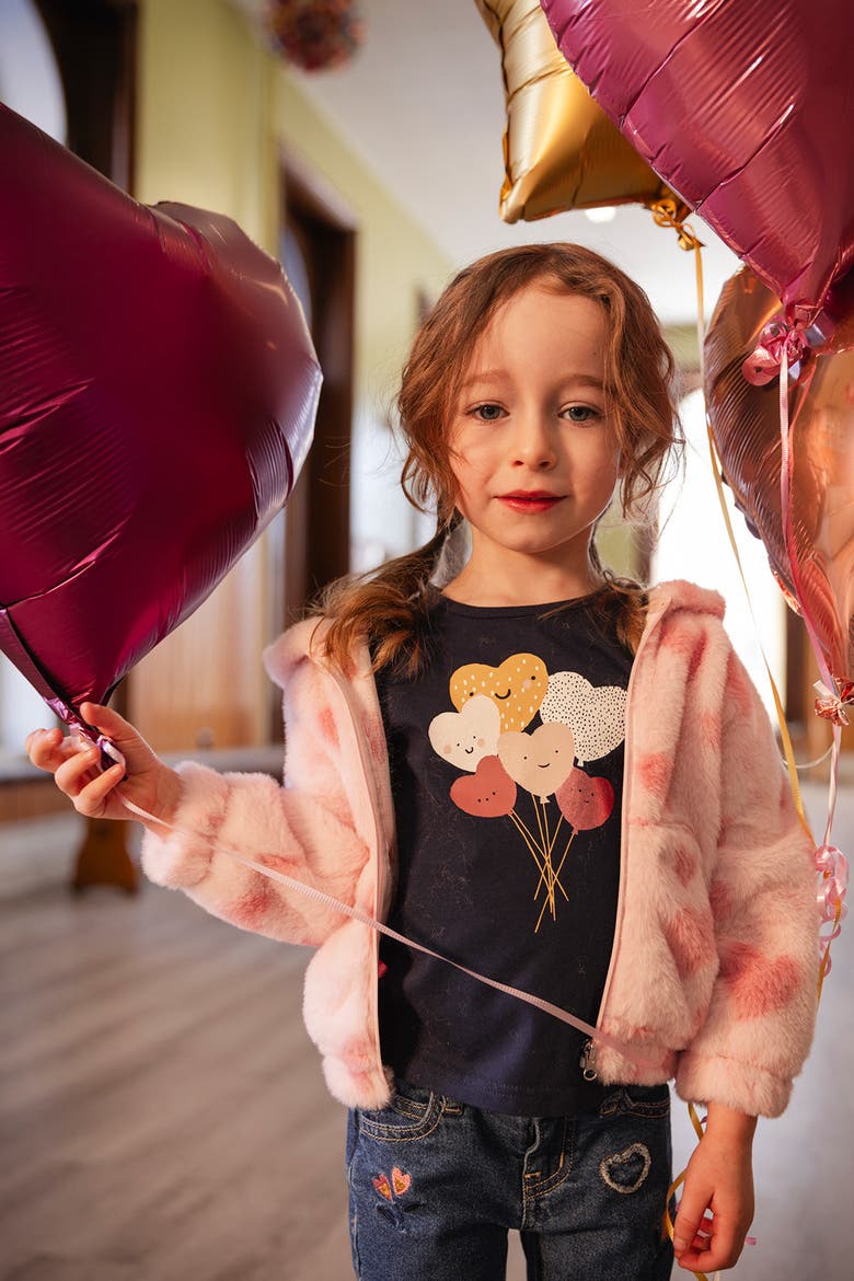 Hooded Full Zip Heart Jacquard Kangaroo Pocket Faux Fur Jacket, Alternate, color, Pink Printed with Hearts