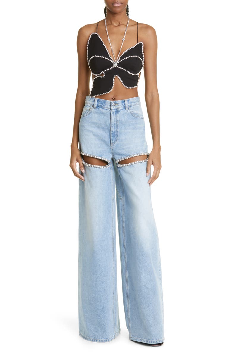 Area Crystal Slit Cotton Denim Wide Legs Jeans, Alternate, color, Light Blue