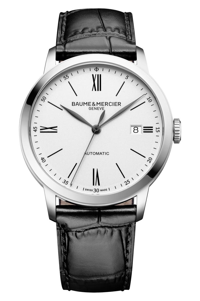 Classima Automatic Leather Strap Watch, 40mm, Main, color, SILVER