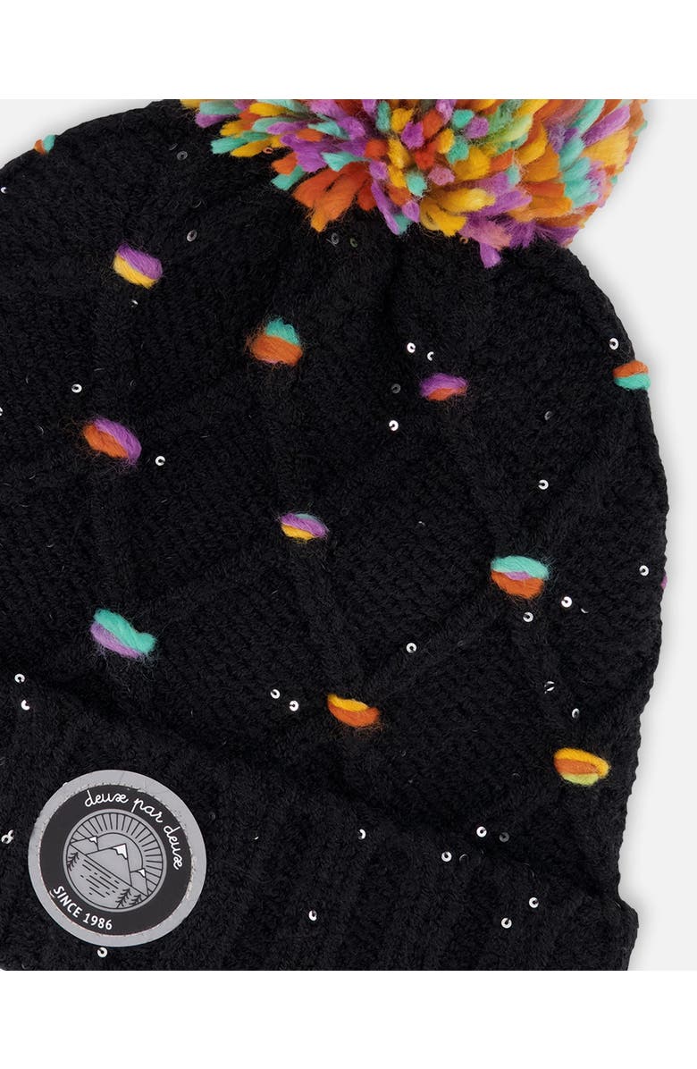 Deux par Deux Lined Knit Pompom Hat with Little Sequins, Alternate, color, Black And Multicolor