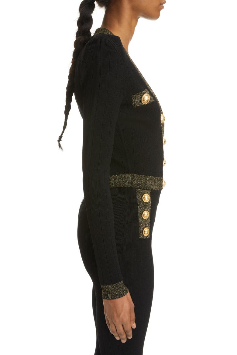 Metallic Trim V-Neck Cardigan, Alternate, color, BLACK/ GOLD