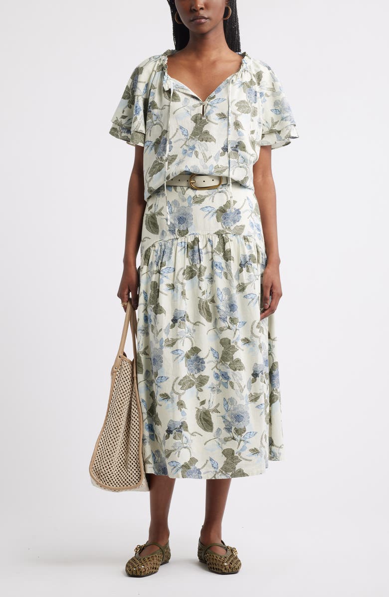 Treasure & Bond Shirred Botanical Print Linen Blend Top, Alternate, color, Ivory- Olive Jacobean Bloom