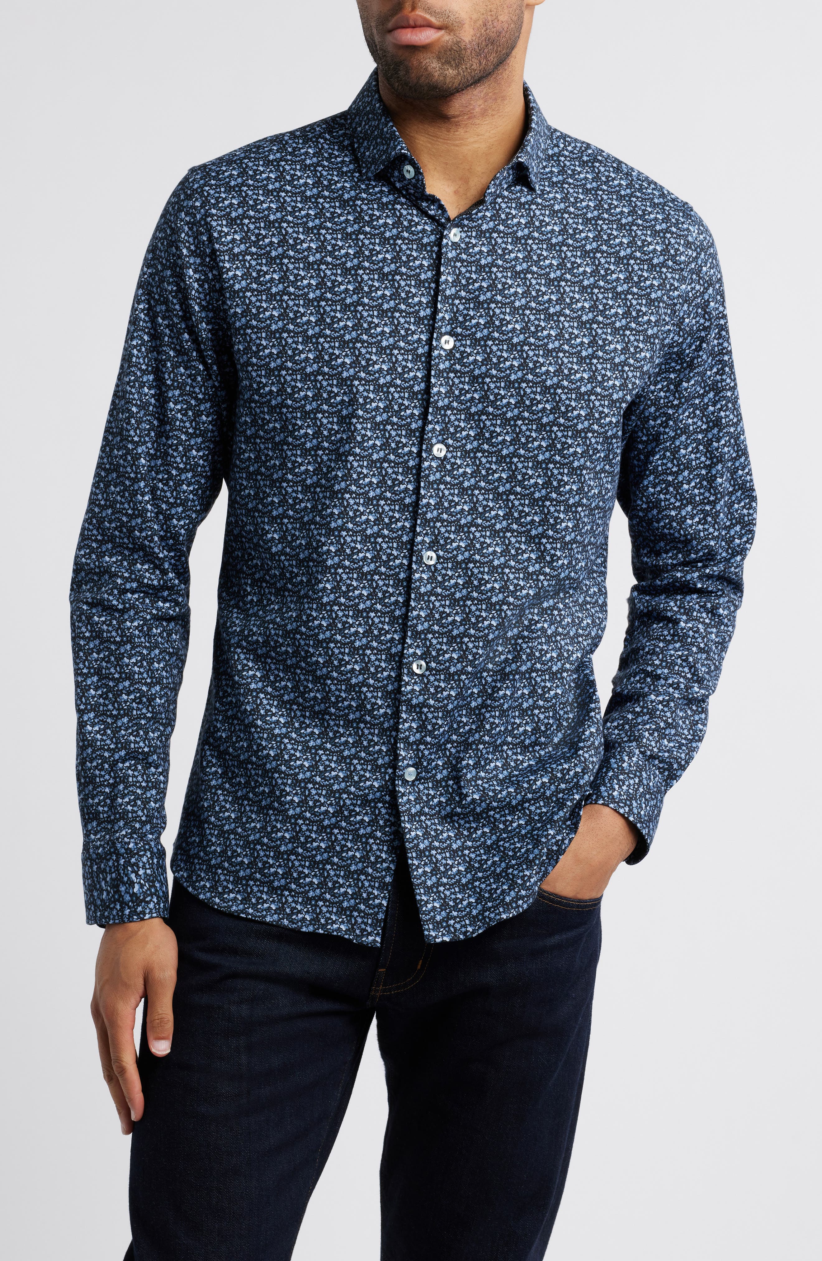 Watercolor Ditsy Floral Print Button-Up Shirt