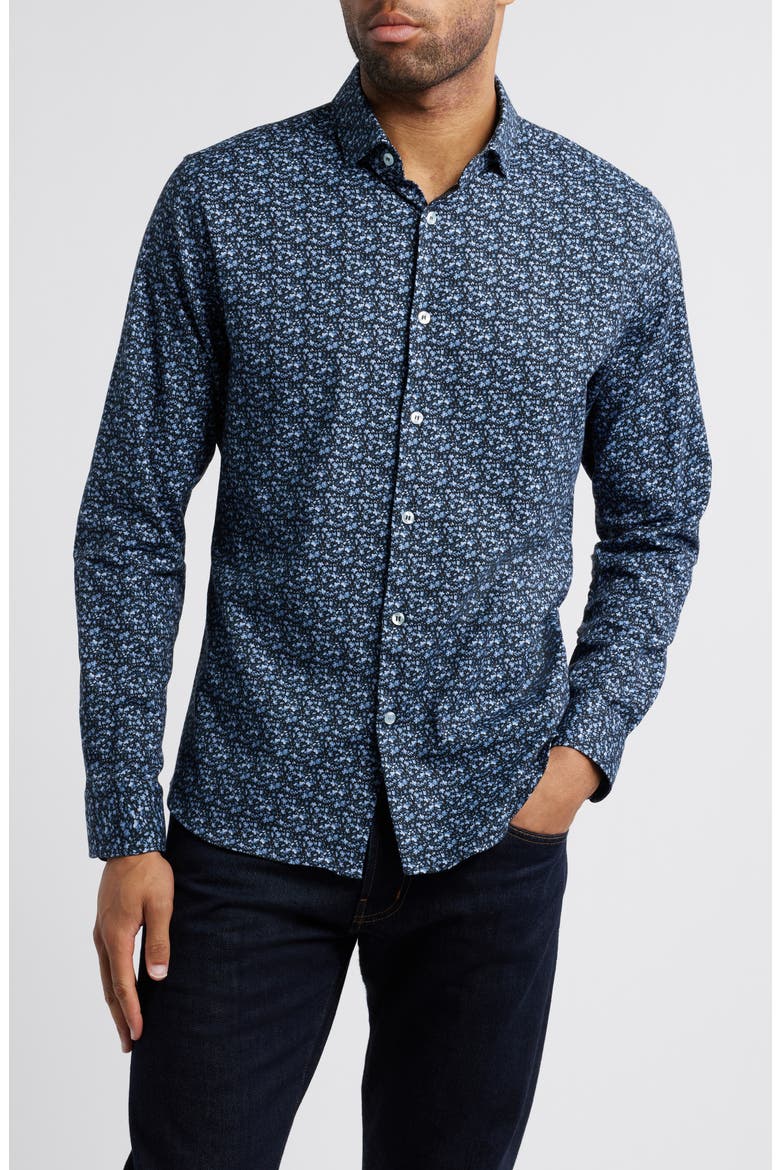 Watercolor Ditsy Floral Print Button-Up Shirt, Main, color, BLUE SHADOW