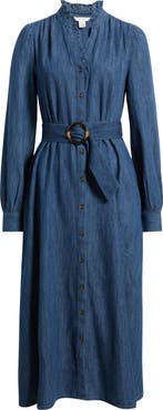Caslon® Belted Ruffle Long Sleeve Denim Shirtdress
