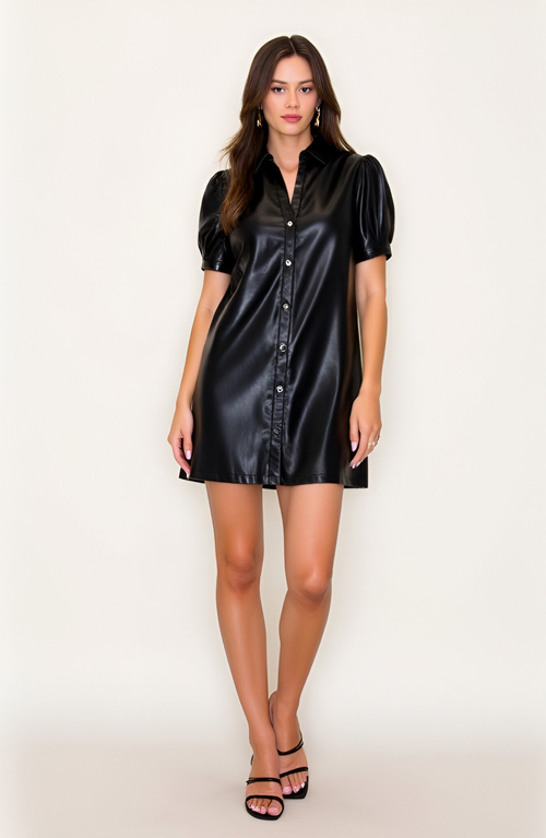 Modenaire Faux Leather Shirt Dress With Puff Sleeves And Button Front In Black
