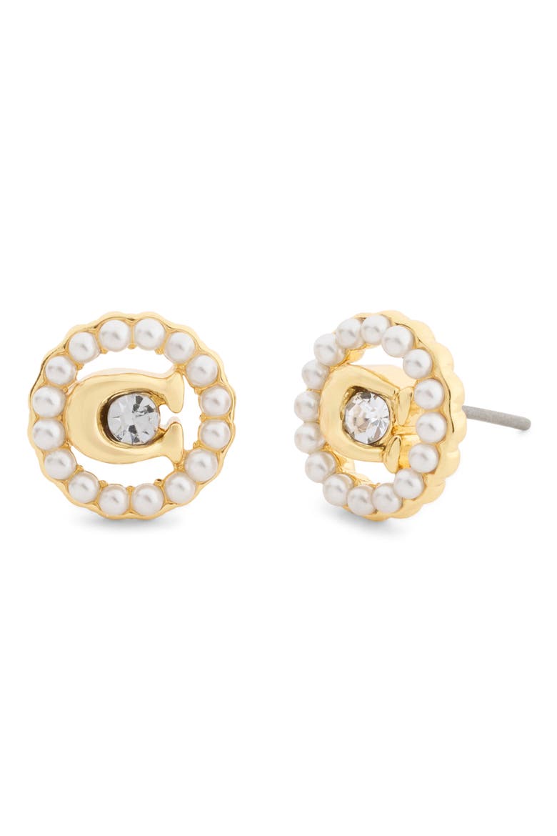 Faux Pearl Logo Stud Earrings, Main, color, PEARL/ GOLD