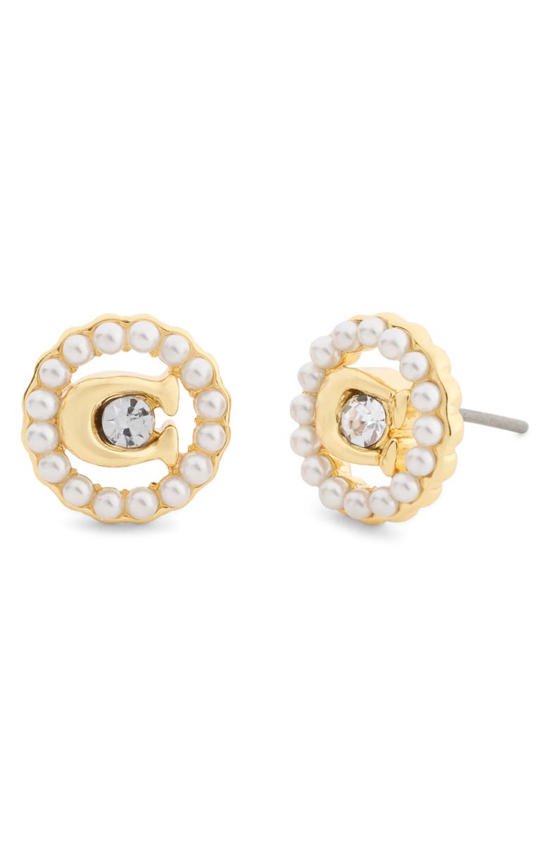 COACH Faux Pearl Logo Stud Earrings, Main, color, Pearl/ Gold