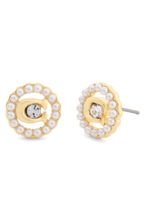 Faux Pearl Logo Stud Earrings