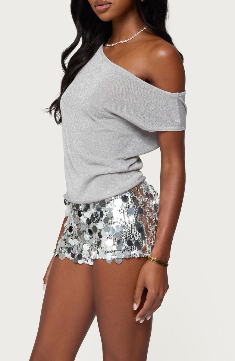 EDIKTED Holly Glitter Off the Shoulder Top, Alternate, color, Silver