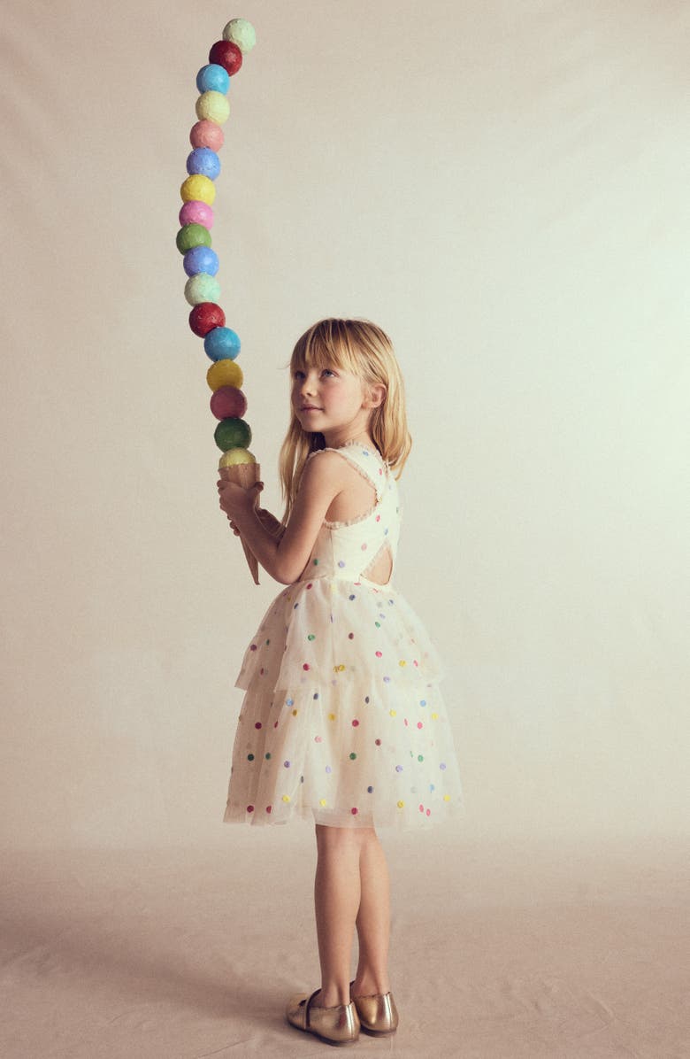 Mini Boden Kids' Open Crossback Stitched Dots Tiered Dress, Alternate, color, Soft Ivory Multi Spot