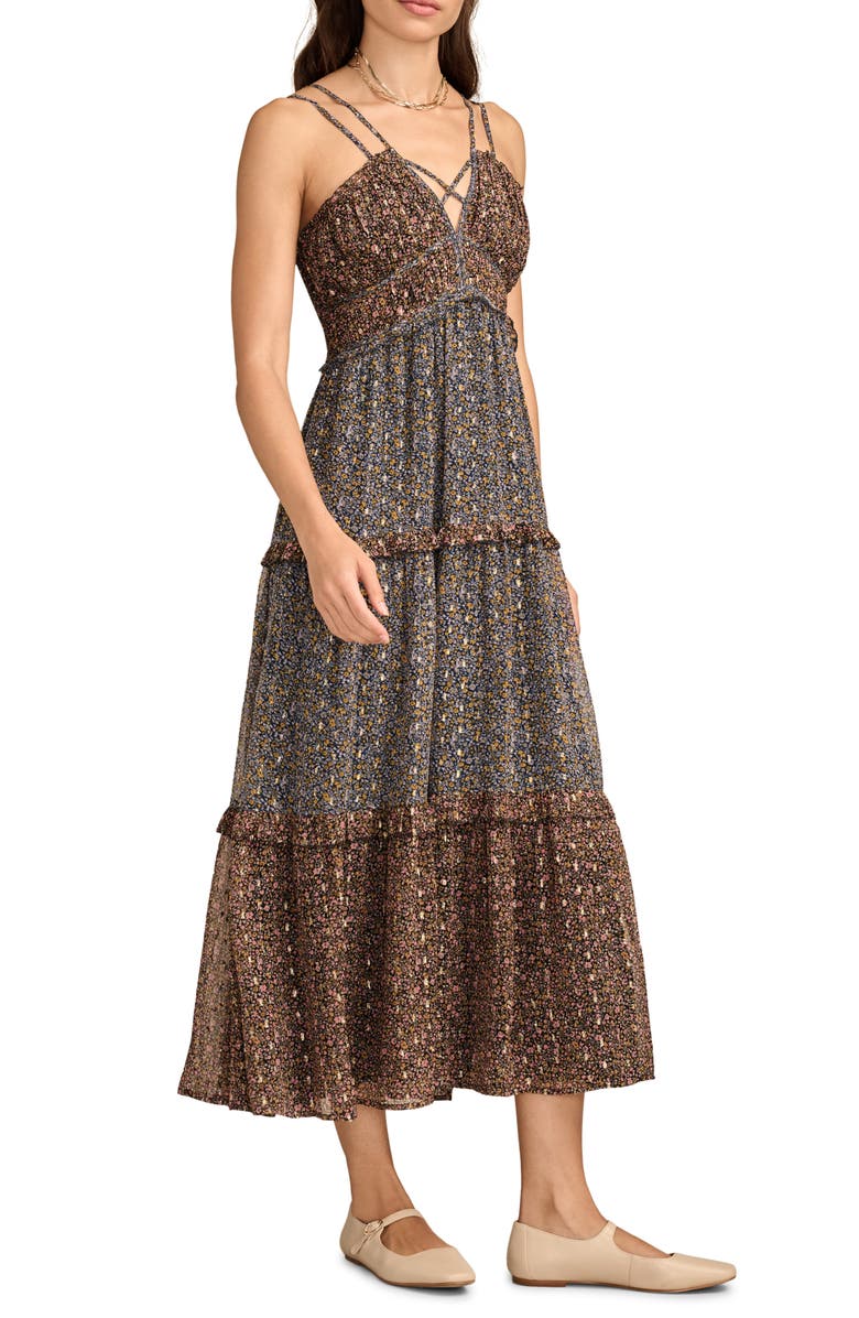 Lucky Brand Metallic Mixed Floral Tiered Chiffon Dress, Alternate, color, 
