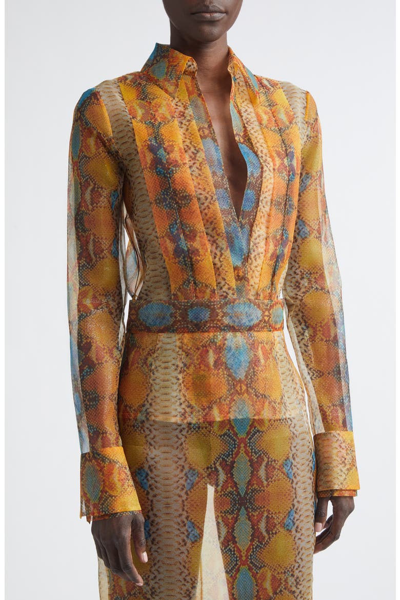 Shimmer Snakeskin Print Pleated Double Cuff Button-Up Shirt, Alternate, color, SNAKE