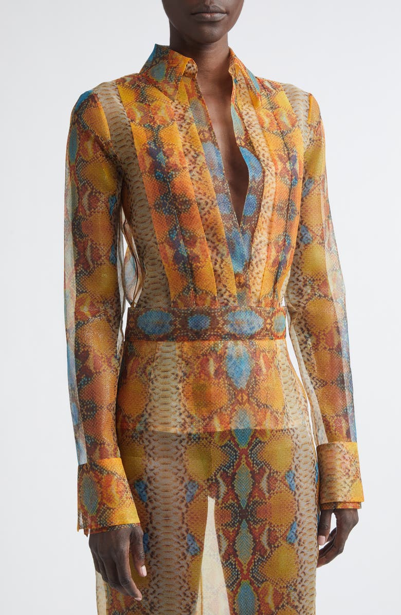 LaQuan Smith Shimmer Snakeskin Print Pleated Double Cuff Button-Up Shirt, Alternate, color, Snake