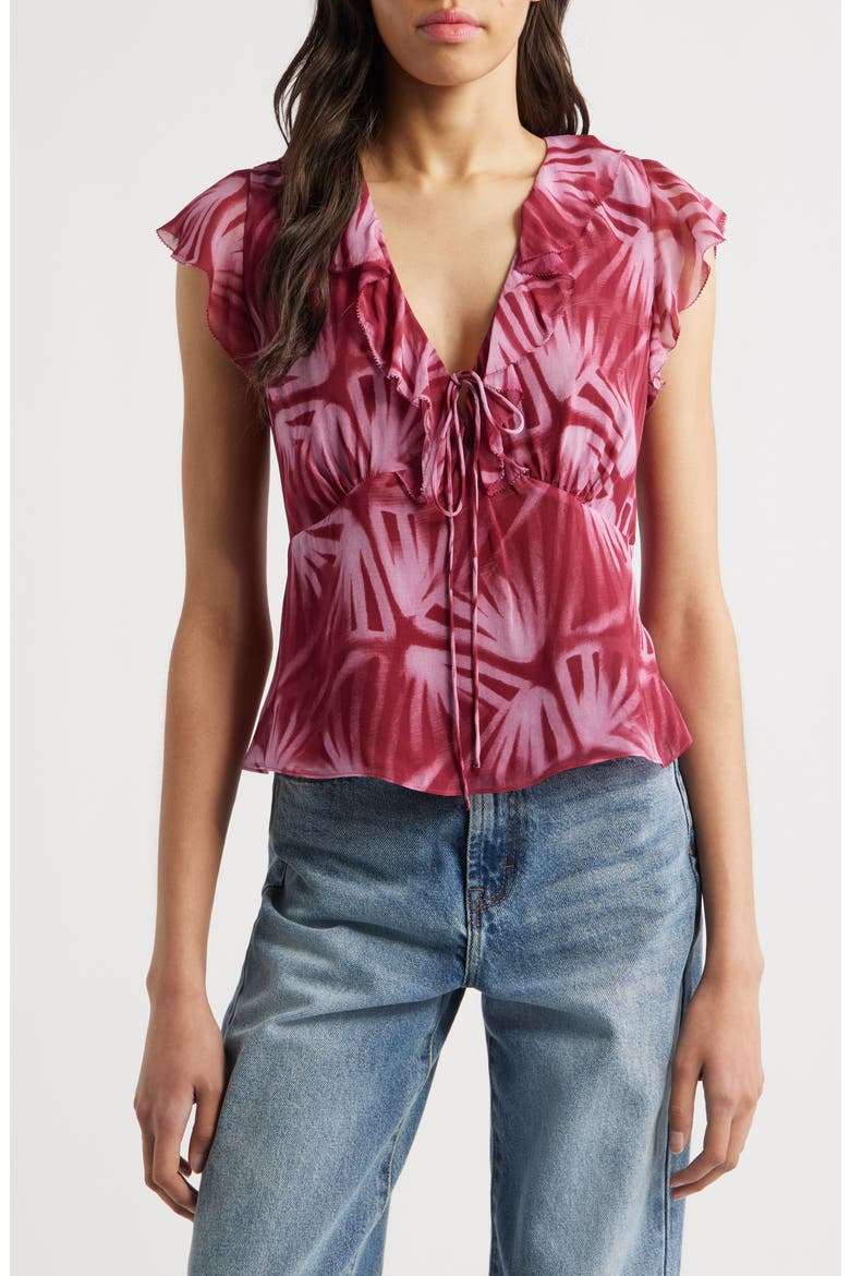 Carmine Frond Print Flutter Sleeve Top, Main, color, BAHIA