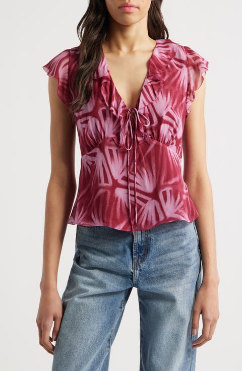 Carmine Frond Print Flutter Sleeve Top