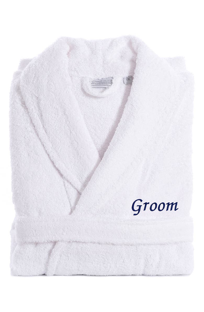 Linum Home Textiles Navy Embroidered 'Groom' Terry Bathrobe, Main, color, White