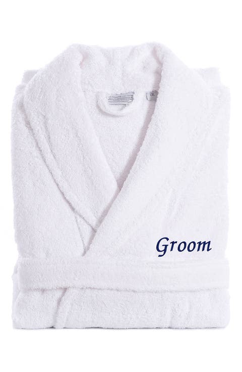 Navy Embroidered 'Groom' Terry Bathrobe