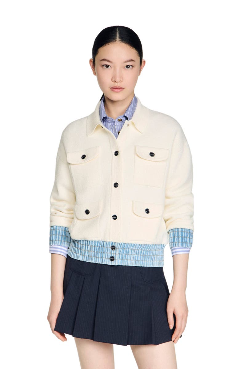 SANDRO Cardigan with denim details, Main, color, Ecru