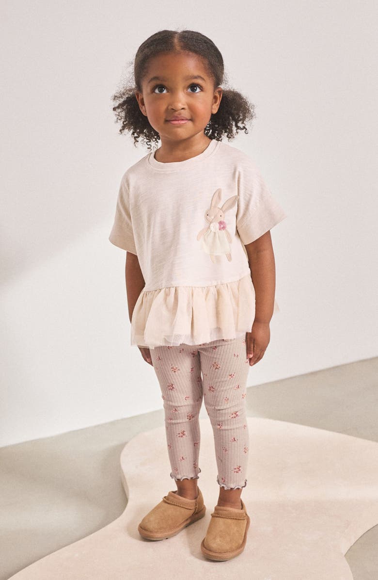 NEXT Kids' Bunny Appliqué Peplum T-Shirt & Rib Leggings Set, Alternate, color, Pink
