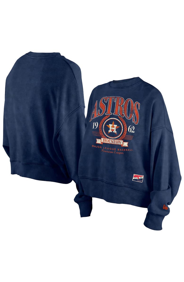 New Era Women's New Era  Navy Houston Astros Throwback Boxy Enzyme Wash Fleece Crewneck Pullover, Main, color, Navy