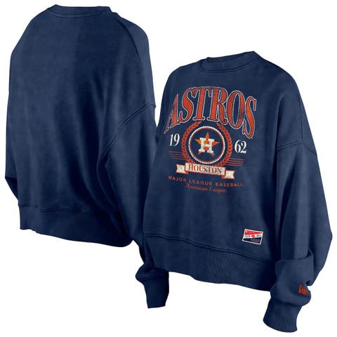 Women's New Era  Navy Houston Astros Throwback Boxy Enzyme Wash Fleece Crewneck Pullover