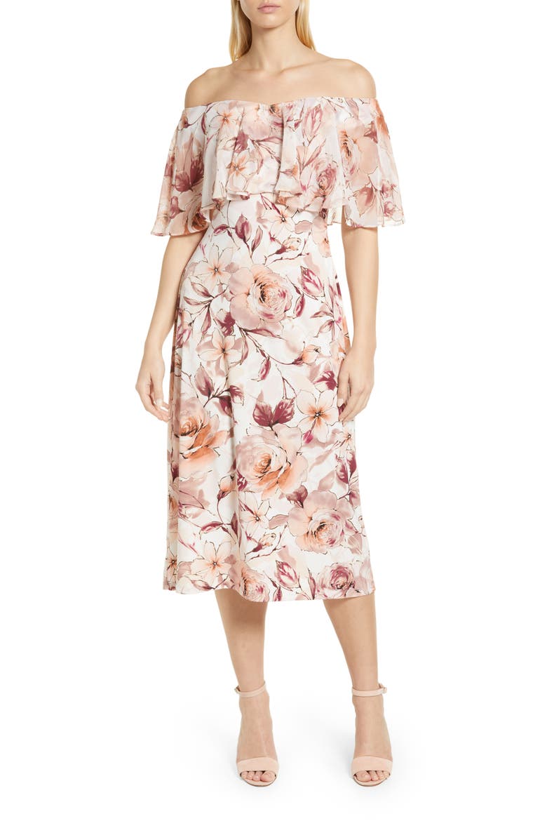 Floral Print Ruffle Neck Midi Dress, Alternate, color, CAMEO