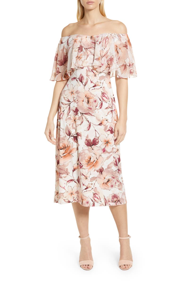 Connected Apparel Floral Print Ruffle Neck Midi Dress, Alternate, color, 