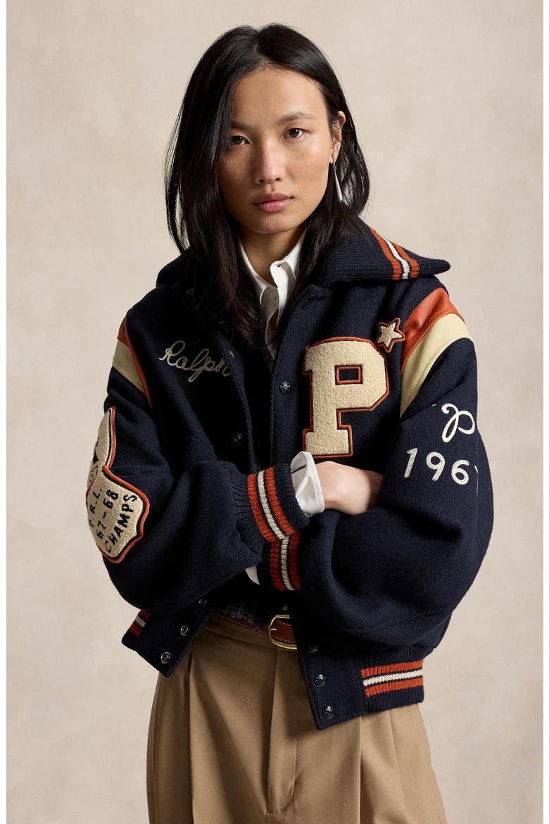 Wool Blend Varsity Jacket, Alternate, color, HUNTER NAVY