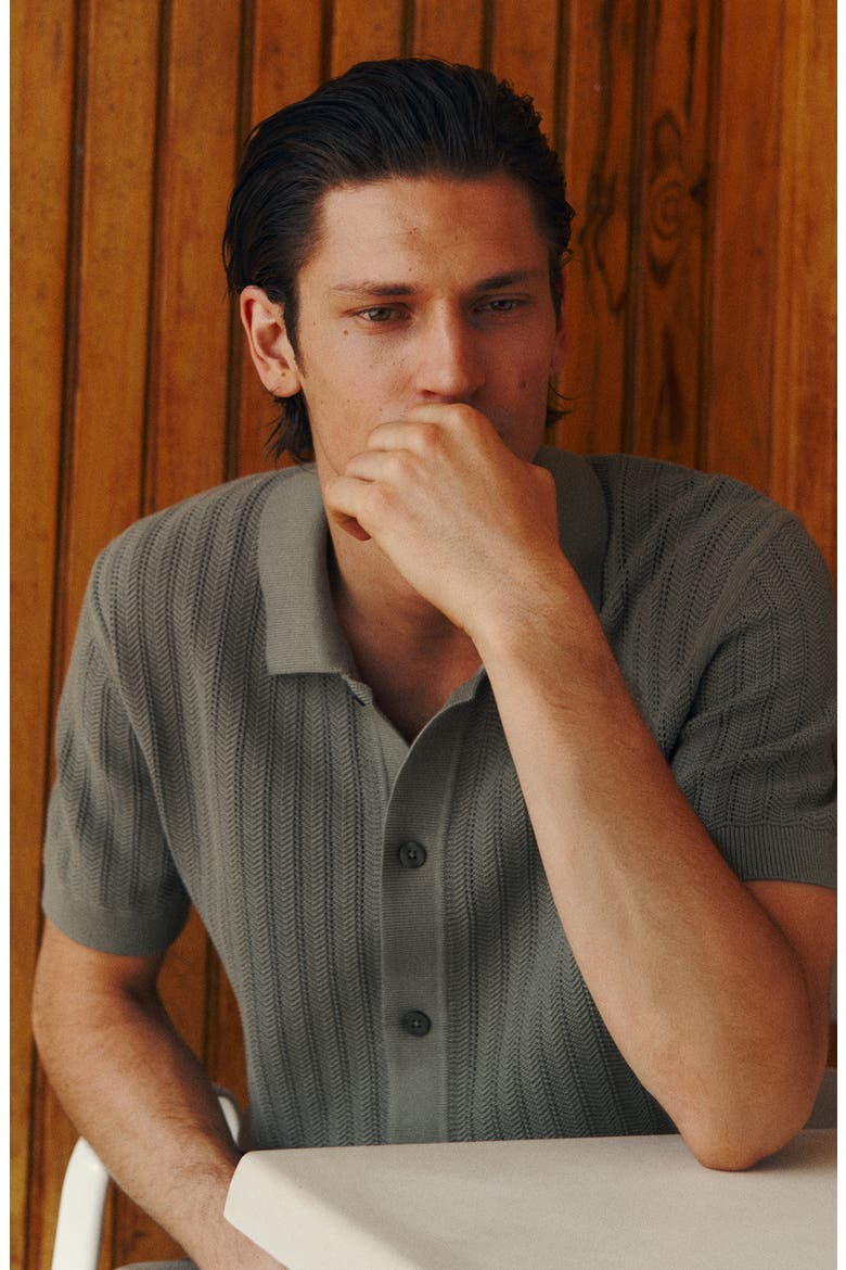 Textured Short Sleeve Knit Button-Up Shirt, Alternate, color, KHAKI GREEN