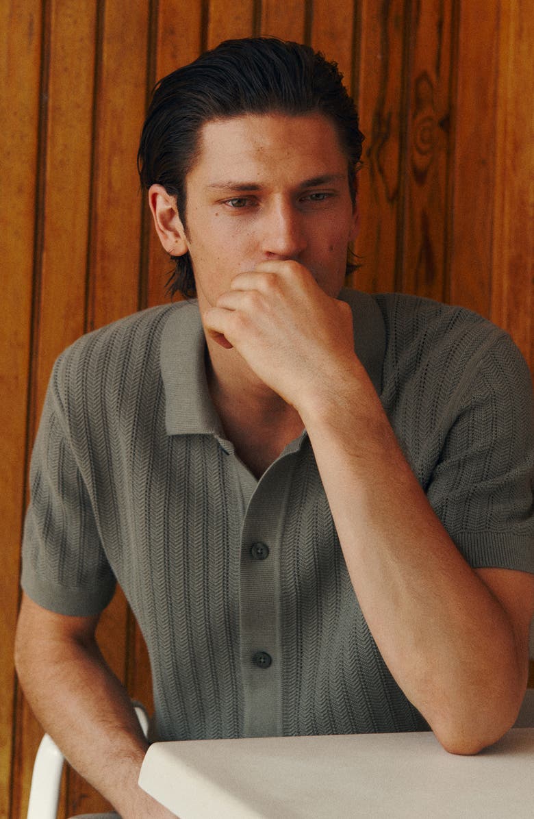 MANGO Textured Short Sleeve Knit Button-Up Shirt, Alternate, color, Khaki Green