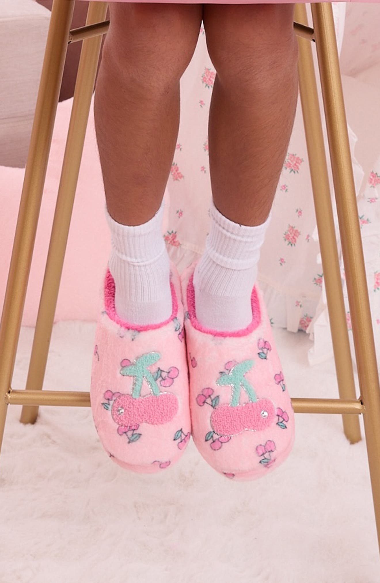 OMG Accessories Kids' Cherry Faux Fur Slipper, Alternate, color, Cotton Candy