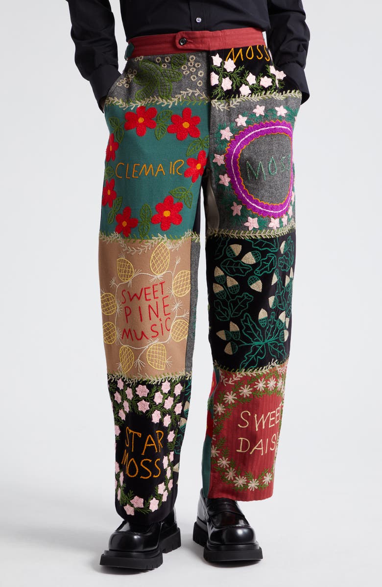 Bode Floral Genus Embroidered Patchwork Wool & Cotton Straight Leg Pants, Main, color, 