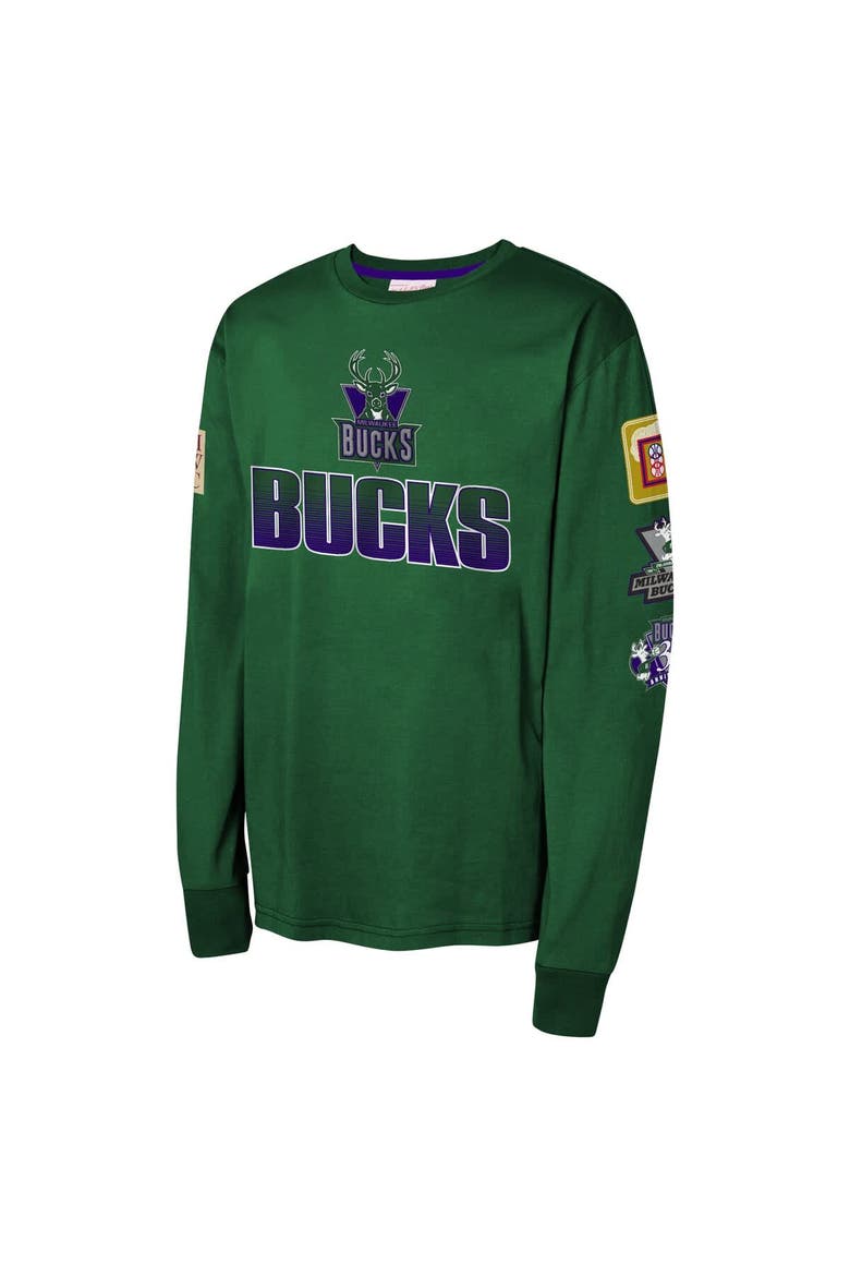Youth Mitchell & Ness Hunter Green Milwaukee Bucks  Hardwood Classics All Over Long Sleeve T-Shirt, Alternate, color, Hunter Green