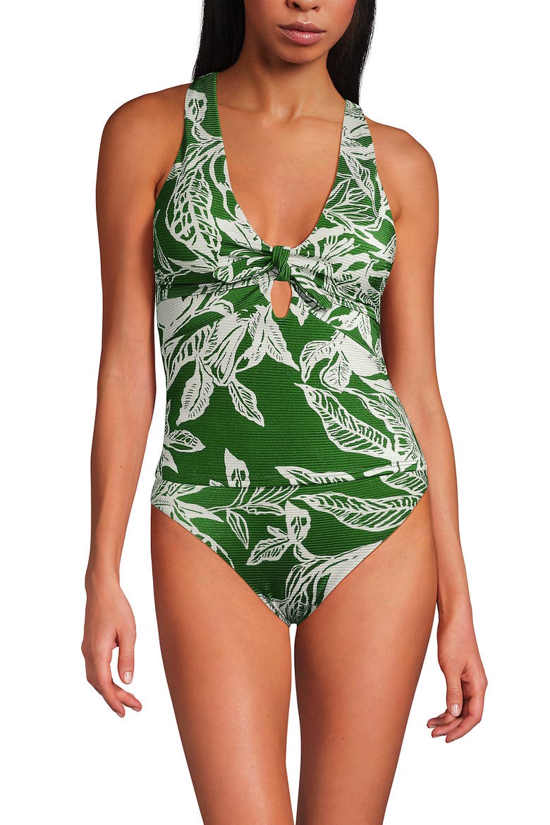 Shine Ribbed Tankini Top and High Waisted Bottom Swimsuit Set, Main, color, Green Etched Leaves Shine