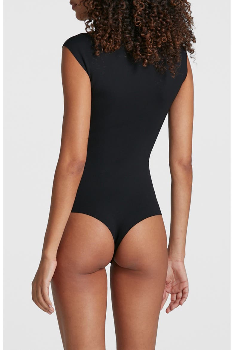 Neoprene Cap Sleeve Bodysuit, Alternate, color, BLACK