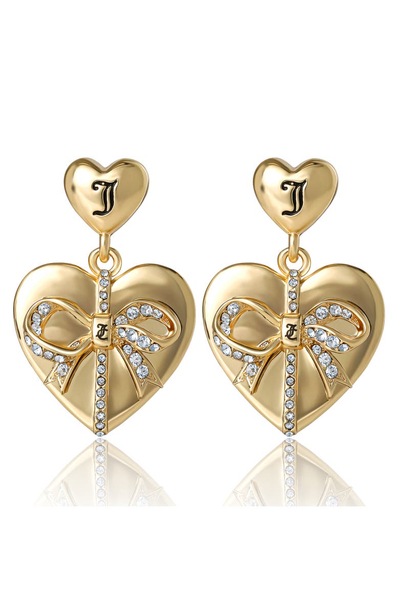 Juicy Couture Quilted Double-Heart Drop Earrings, Gold-Tone with Crystal Accents, Main, color, Gold Tone