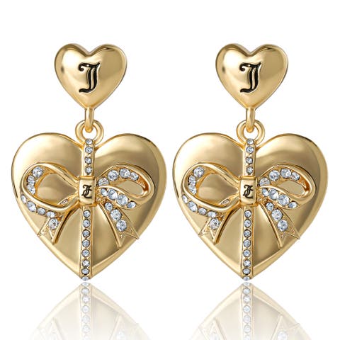 Quilted Double-Heart Drop Earrings, Gold-Tone with Crystal Accents