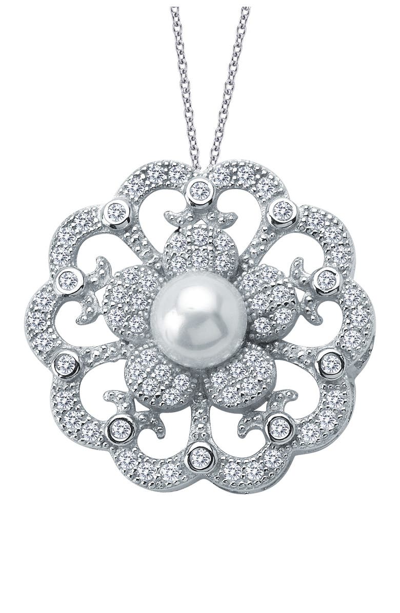 Lafonn Platinum Plated Sterling Silver Simulated Diamond & Freshwater Pearl Pendant Necklace, Main, color,