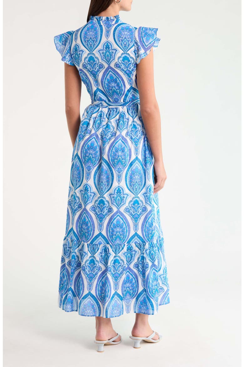 Riah Print Belted Cotton Button-Up Maxi Dress, Alternate, color, WHITE-BLUES-COMBO