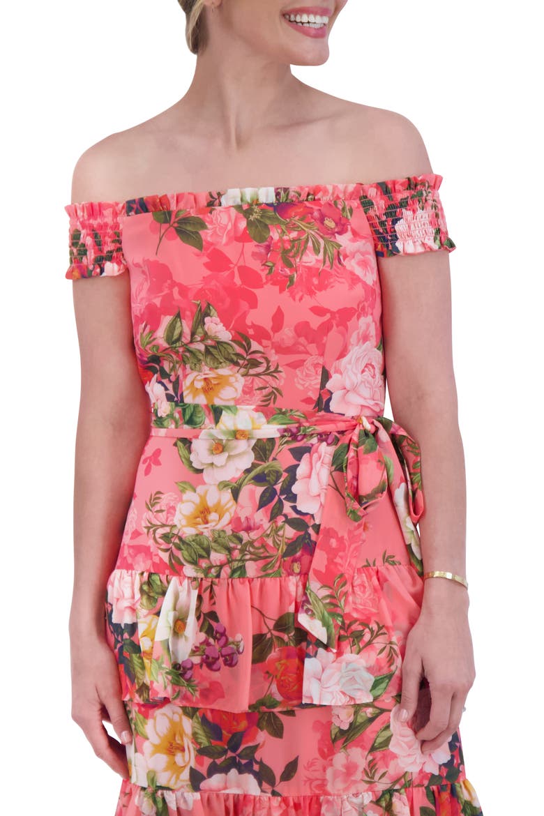 Floral Off the Shoulder Tiered Midi Dress, Alternate, color, CORAL