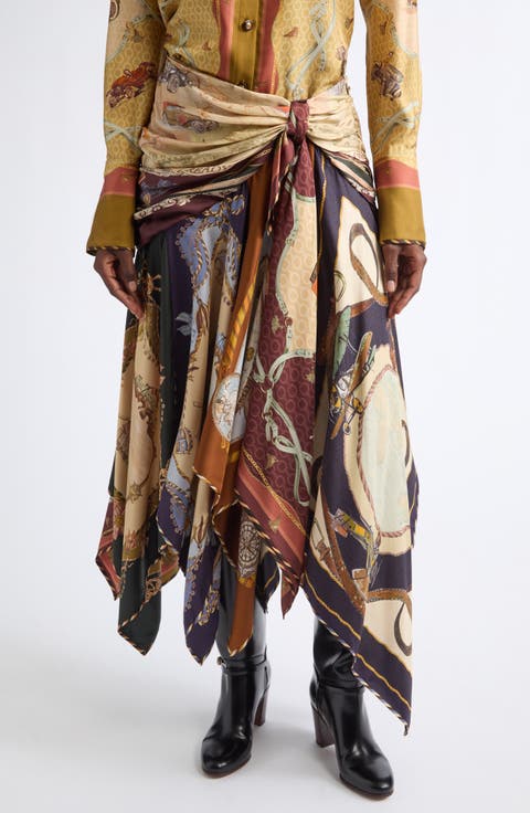 Valiant Print Draped Silk Scarf Skirt