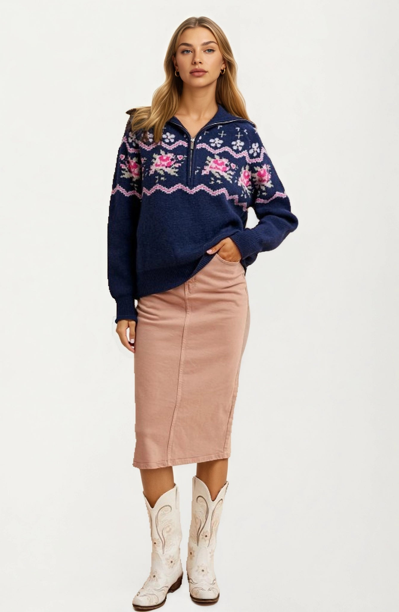 Knit and Lounge Half-Zip Floral Fair Isle Sweater, Alternate, color, Navy / Pink / Off White